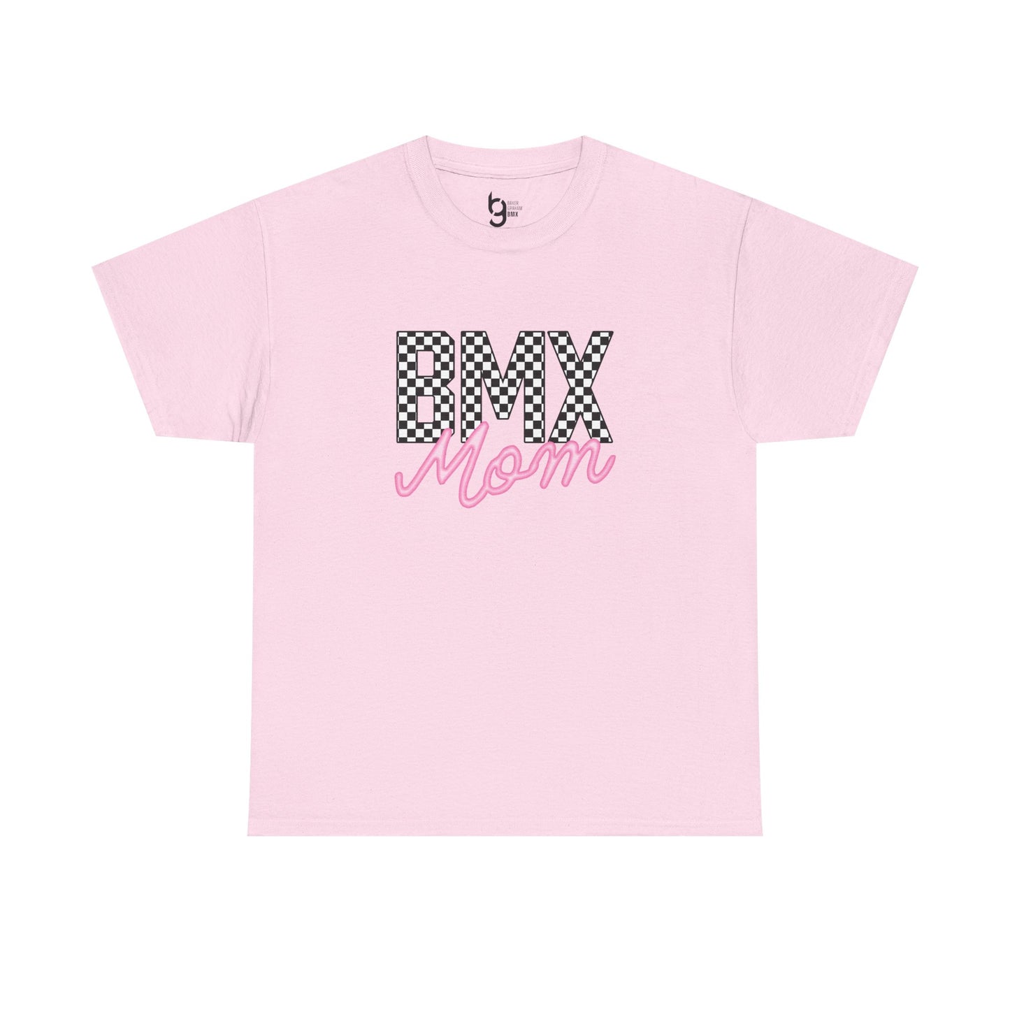 Checkered BMX Mom Light Colored Tee - Pink Lettering
