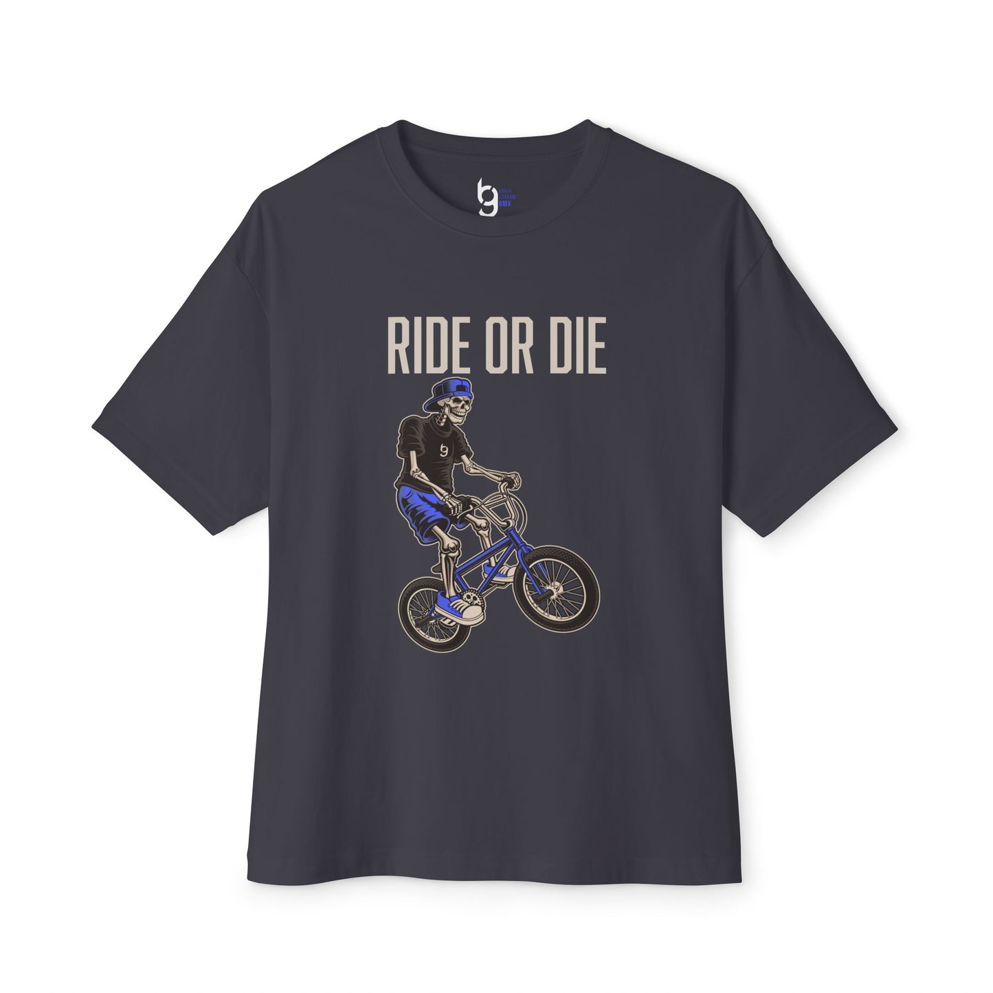 "Ride or Die" BMX Oversized Boxy Tee - Blue Graphic