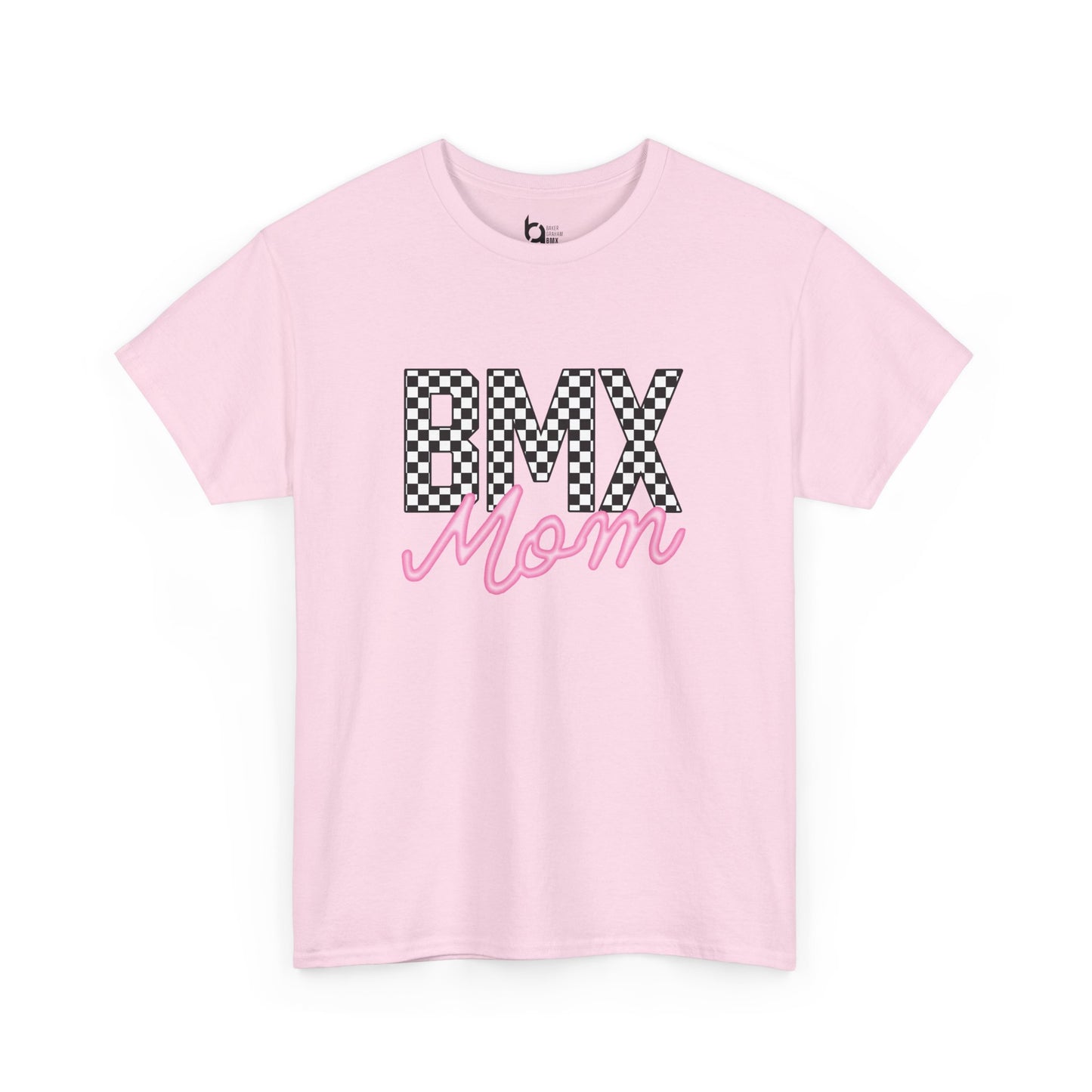 Checkered BMX Mom Light Colored Tee - Pink Lettering